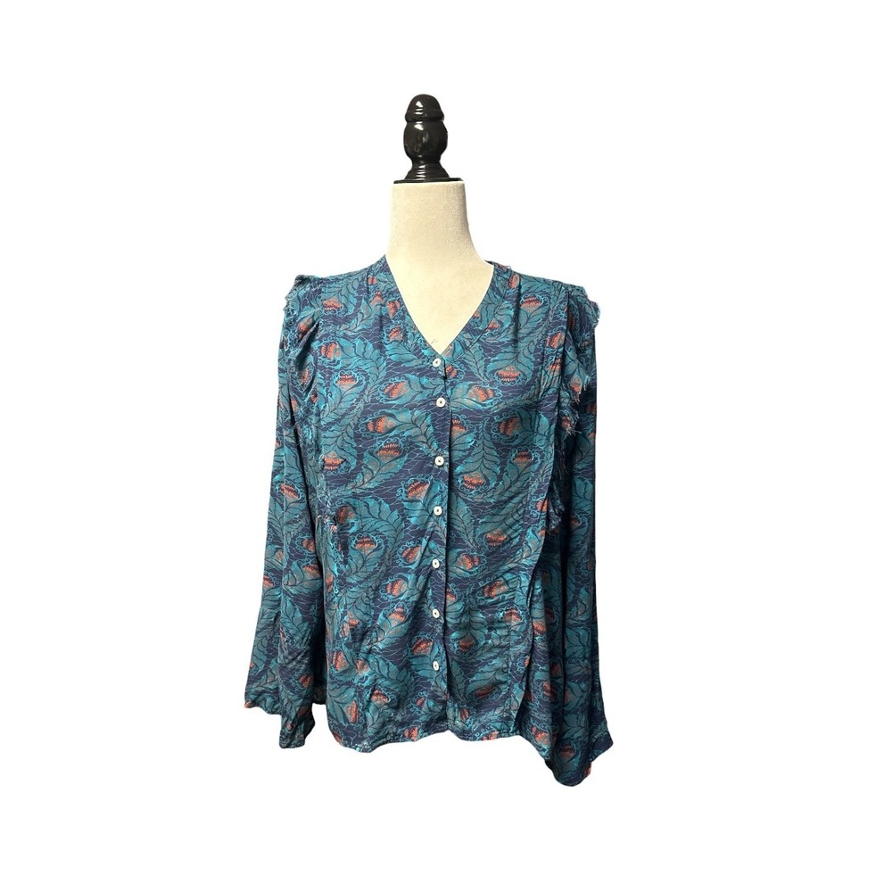 Nanette Lepore Teal Orange Peacock Feather Print Ruffle Shoulder Blouse Large